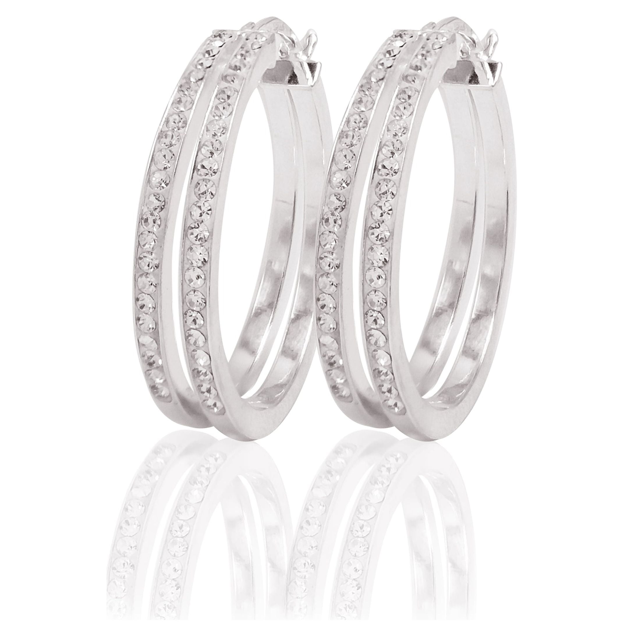 Brilliance Fine Jewelry Women's Rhodium Plated Sterling Silver Classic 2 Row Crystal Round Hoop Adults Earring