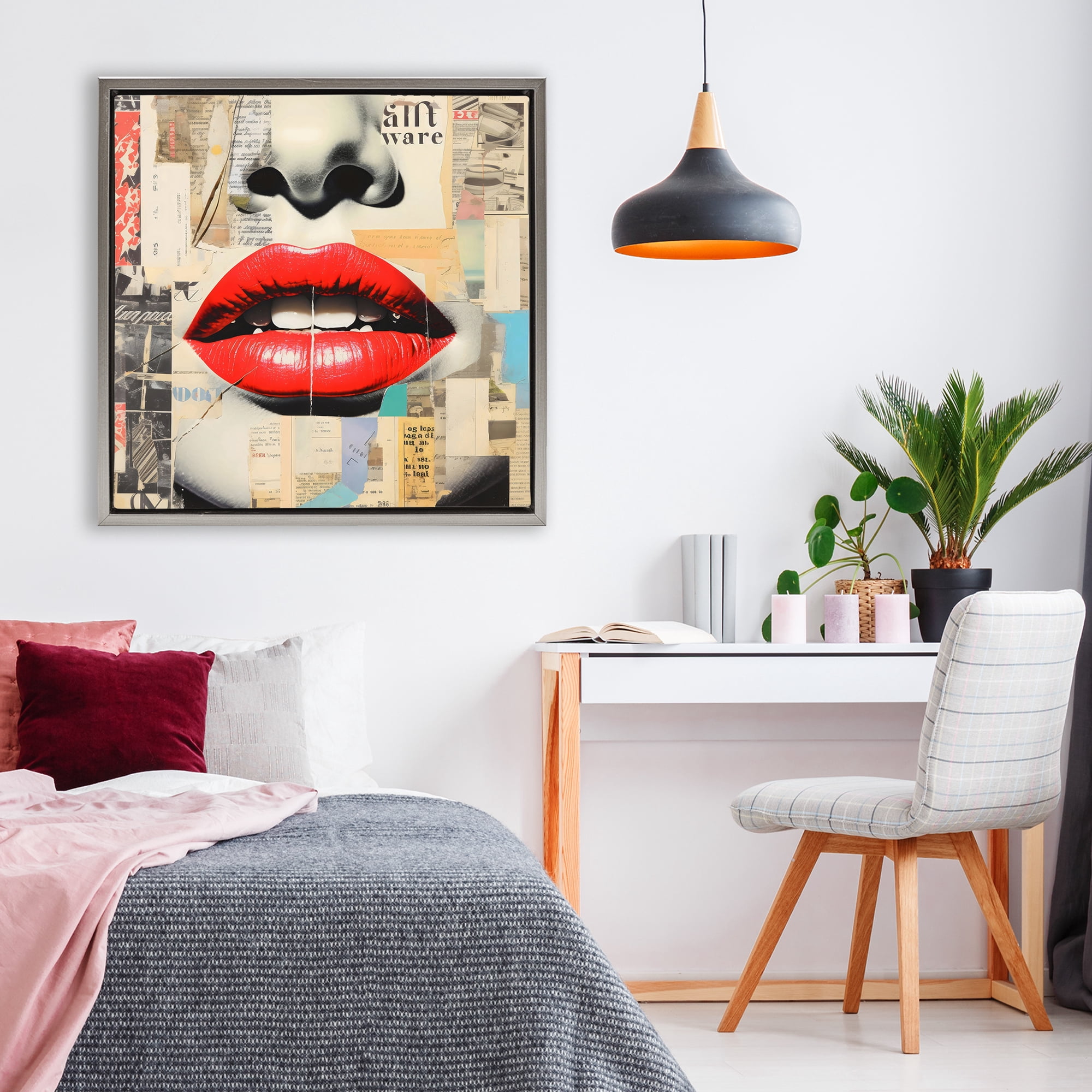 Stupell Industries Fashion Collage with Scarlet Lips Gray Framed Floater Canvas Wall Art, design by Creative Studio