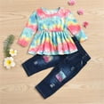 thumbnail image 2 of Kiapeise Kids Baby Girl Long Sleeve Tie-dyed T-shirt Tops Denim Pant Jeans 2PCS Girls Clothing Set, 2 of 6