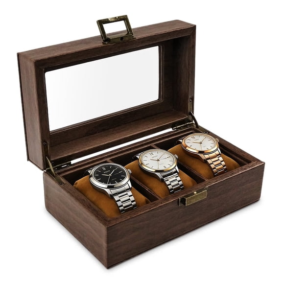 3 Slot Wooden Watch Box with Glass Lid - Espresso Watch Display Case with Pillows for Watch Storage and Protection