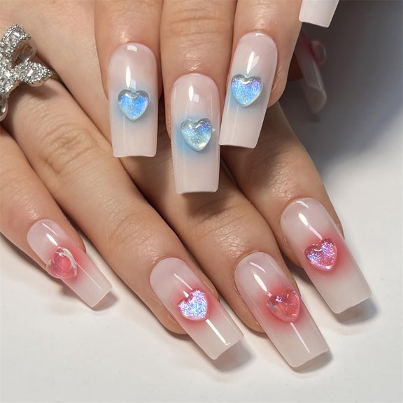 Press on Nails Medium Long Square Cute Acrylic Fake Nails with 3D Heart Design Glue on Glossy Full Cover Artificial Gel False Stick on Nail for Girls Women Wedding Manicure Gifts 24Pcs Cute with 3D