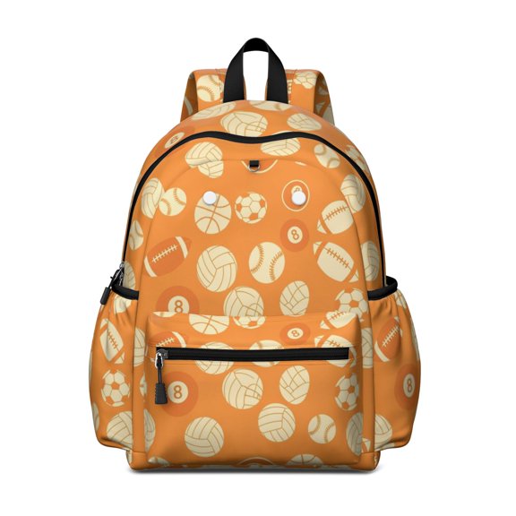 Baseball and Basketball Orange Pattern Cute School Backpack with Padded Back and Adjustable Shoulder Straps 13.4"x11"x4.7"