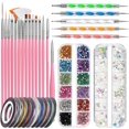 thumbnail image 1 of Kit de pinceles para uñas, 15 pinceles para uñas, 5 bolígrafos de puntos, 10 pegatinas de rayas, 1 caja de diamantes de imitación de colores, 1 caja de polvo con purpurina JM, 1 of 5