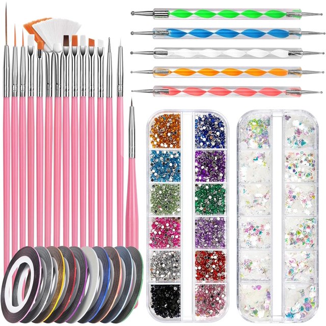 Kit de pinceles para uñas, 15 pinceles para uñas, 5 bolígrafos de puntos, 10 pegatinas de rayas, 1 caja de diamantes de imitación de colores, 1 caja de polvo con purpurina JM