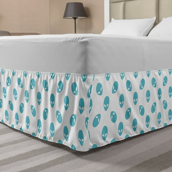 Alien Bed Skirt, Portrait of Visitors from Above Invader of Worlds Abstract Humanoid Head Pattern, Elastic Bedskirt Dust Ruffle Wrap Around for Bedding Decor, 4 Sizes, Blue White, by Ambesonne