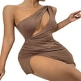 thumbnail image 4 of Women One Shoulder Dress Solid Color Hollow Out Ruched Slit Bodycon Mini Short Skirt Beach Date Wear, 4 of 5