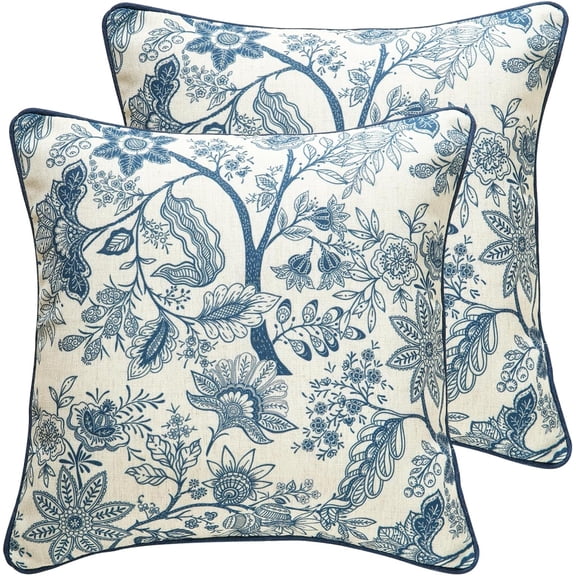 Ryan; Square Throw Pillow Covers 18"x18" Pack of 2, French Country Cushion Covers with Blue Toile de Jouy Floral Pattern Decoration Pillowcases for Bed, Living Room, Outdoor, Car