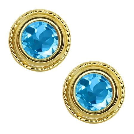 2.00 Ct 6mm Round Swiss Blue Topaz Gold Palted Sterling Silver Stud Earrings