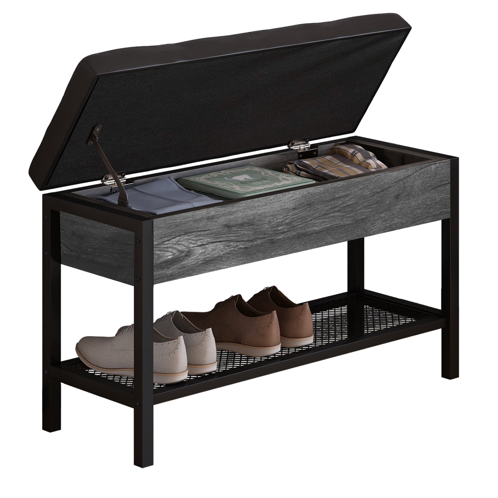 Kadyn Shoe Bench for Entryway, Modern Shoe Bench with Storage Box and Grid Shoe Shelf, Black Kadyn Shoe Bench for Entryway, Modern Shoe Bench with Storage Box and Grid Shoe Shelf, Black