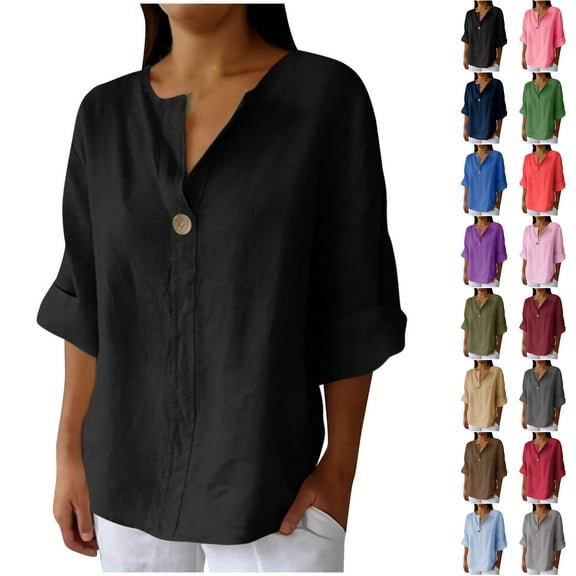 Otntypg Cotton Linen Shirts for Women Plus Size Casual Summer 3/4 Length Sleeve Button V Neck Solid Color Tunic Blouse Loose Lightweight Comfy Beach Vacation Tees Shirt Tops Army Green XXXXL