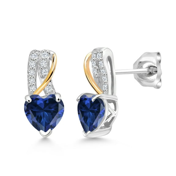 Gem Stone King 925 Sterling Silver and 10K Yellow Gold Blue Created Sapphire and White Lab Grown Diamond Heart Shape Earrings for Women (1.69 Cttw, Gemstone September Birthstone, Heart Shape 6MM)