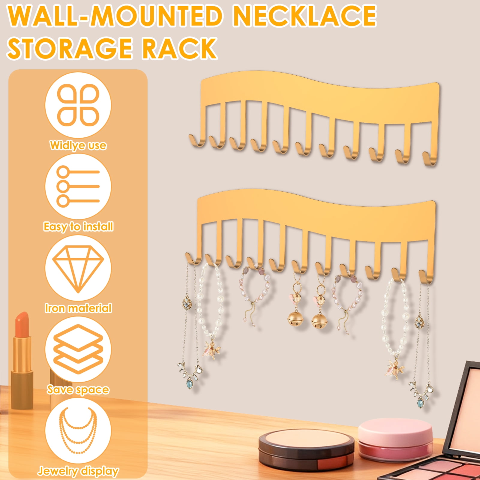 4 Pack Wave Style Wall Mounted Necklace Organizer Gold Metal Hanging Jewelry Storage Hooks Holder for Bracelets Keys Bedroom Closet