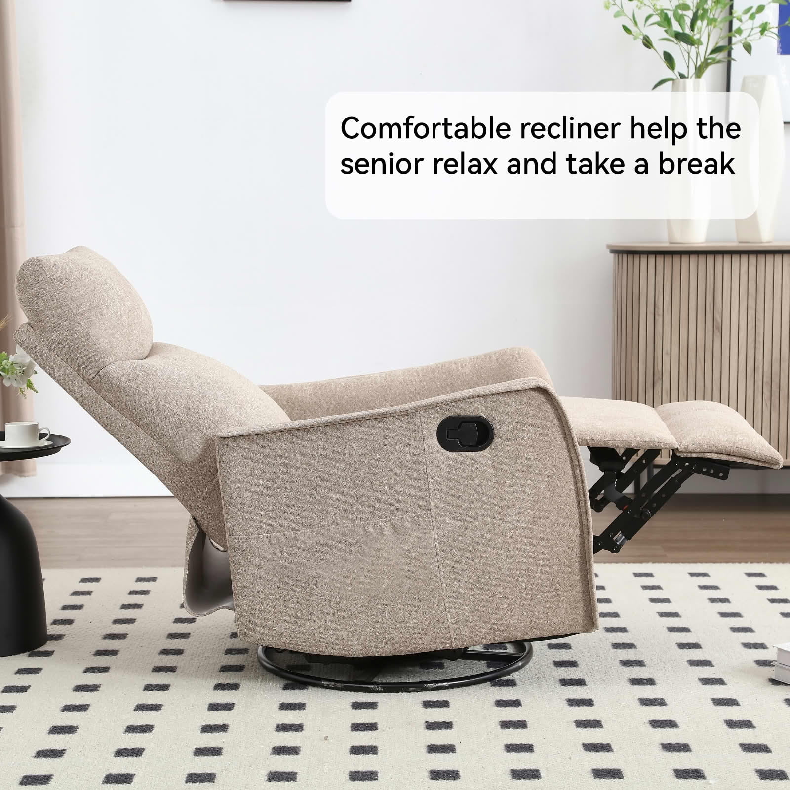 MAYEERTY Khaki Heat Massage Recliner Chair, 360° Swivel Rocker 27"x36"x40" for Living Room