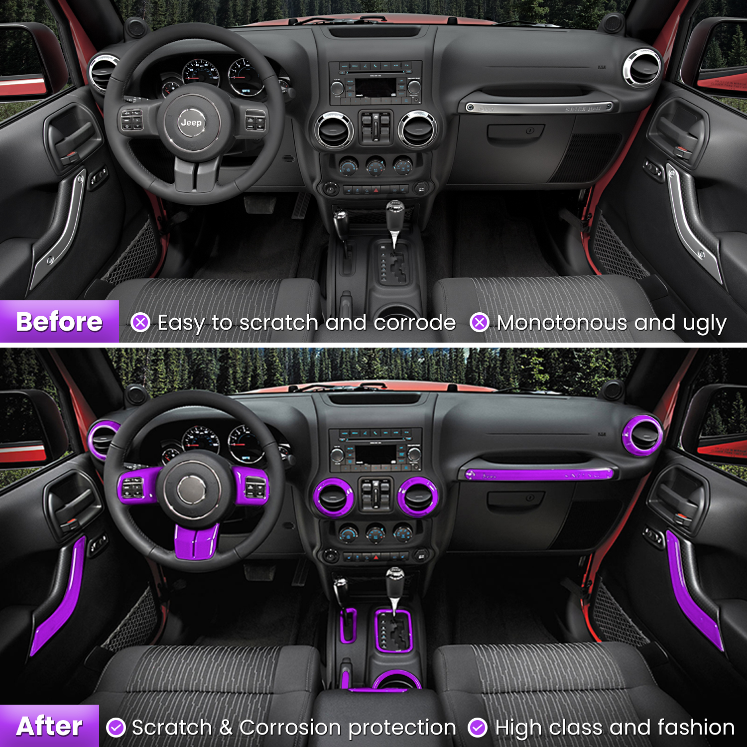 18 PCS Full Set Interior Decoration Trim Kit Steering Wheel Center Console  Door Handle Air Conditioning Vent Cup Holder Gear Cover Trim for Jeep  Wrangler JK JKU 2011-2018 4-Door (Purple)
