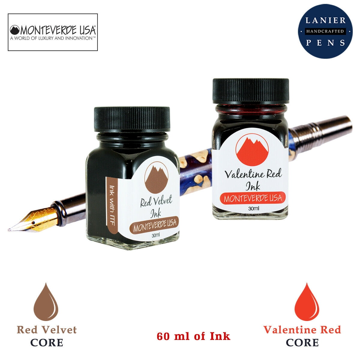 Monteverde 60ml Core Fountain Pen Ink Bottle (30ml Red Velvet Ink Bottle G309RV, 30ml Valentine Red Ink Bottle G309VR)