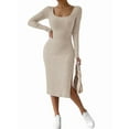 thumbnail image 3 of Women'S Autumn Dress 2 Long Sleeve Square Neck Knit Midi Beach Resort Dress Slit Slim Maxi Dress Beige Apricot XXL, 3 of 8