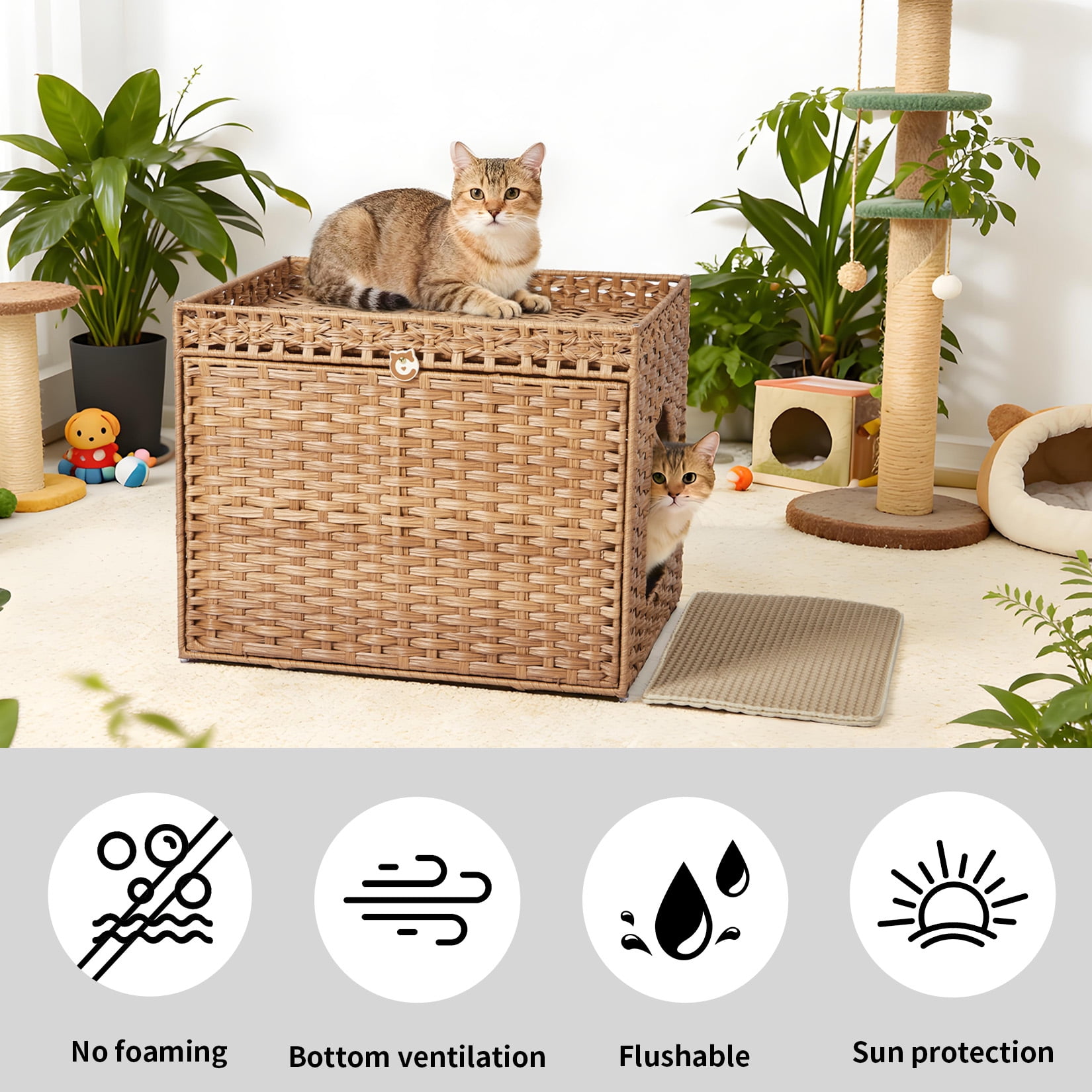 Handwoven Rattan Cat Litter Box Cabinet – Large Hidden Enclosure with Removable Mat and Fence – Stylish Boho Furniture, Easy to Clean, Covered Litterbox for Indoor Cats – Natural Color