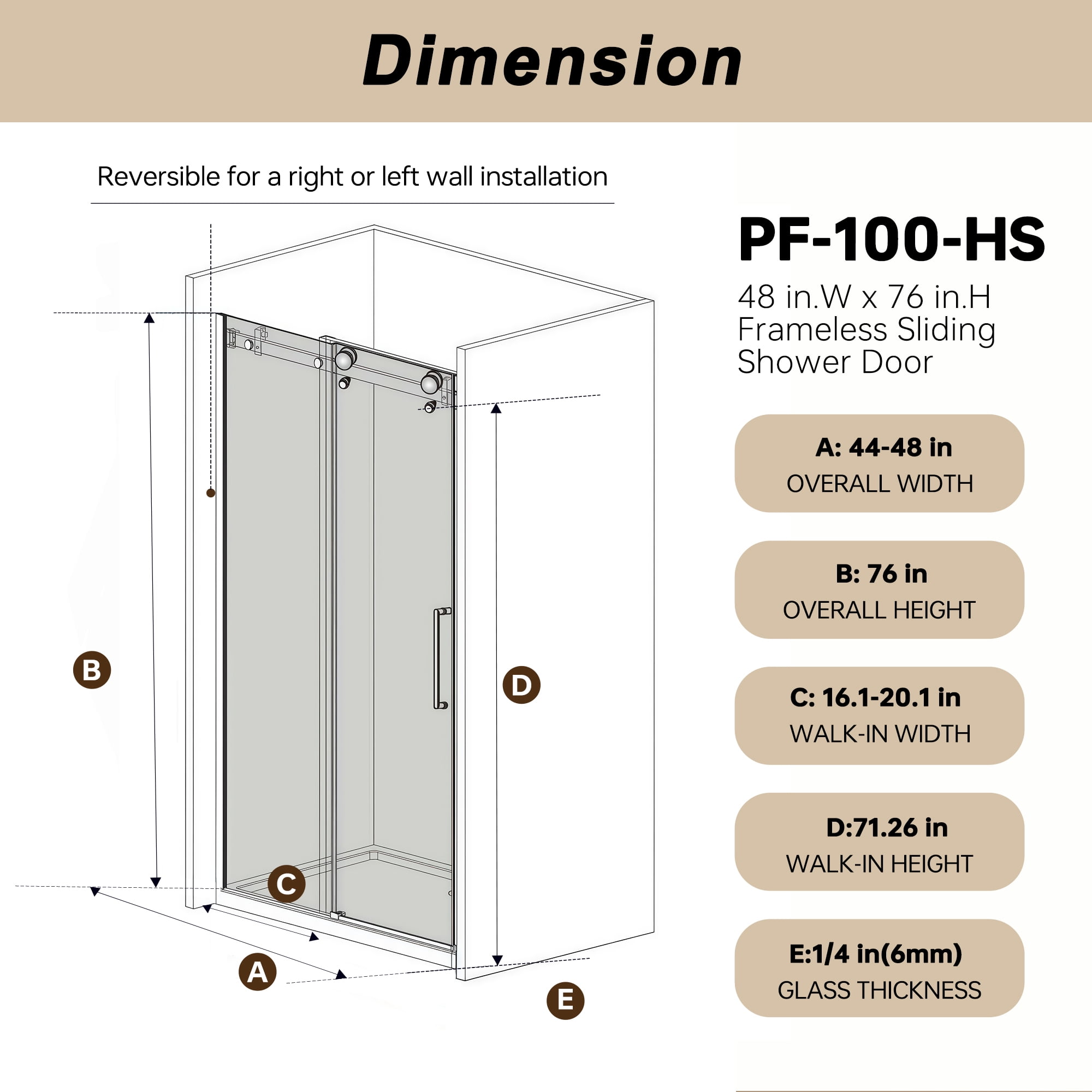 Leumius 44-48"W x 76" H Frameless Single Sliding Shower Door, 1/4" Clear Tempered Glass, Stainless Steel Handle Shower Door,Matte Black
