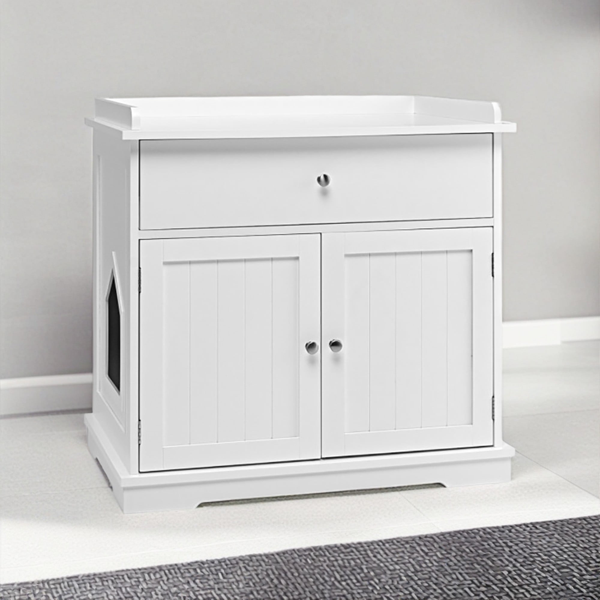 Kadyn 30" Cat Litter Box Furniture with Drawer, Cat Washroom Hidden Litter Box Enclosure, Indoor Wood Cat House Cabinet, White