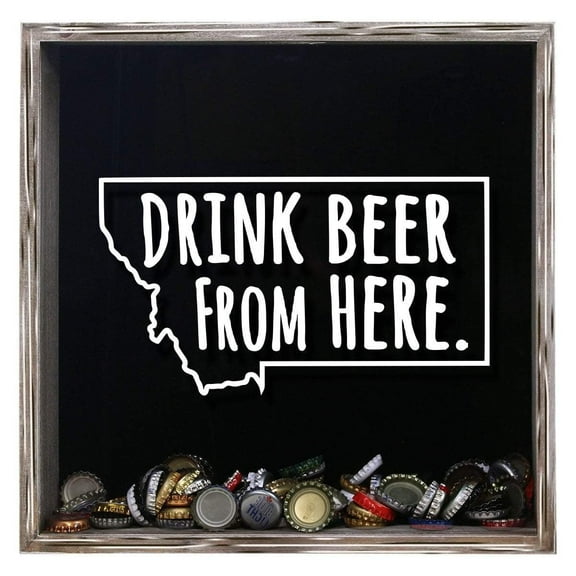 Torched Montana Drink Beer Cap Shadow Box Wall Mount Decor 13"x13"x3" Gray