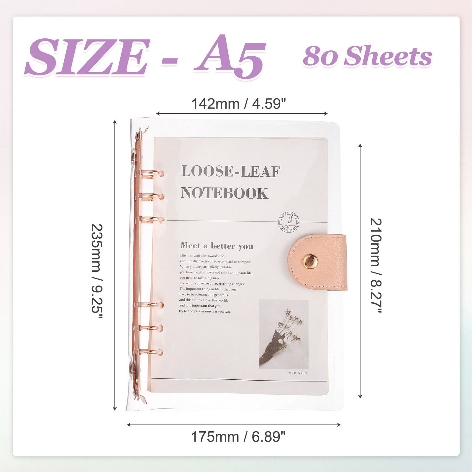 Uxcell A5 Notebook Binder, Transparent Polyvinyl chloride 6-Ring Refillable Planner Cover with 90 Sheets Lined Inner Paper Planner Binder with Snap Button Closure for Journal Planner Office, Gold