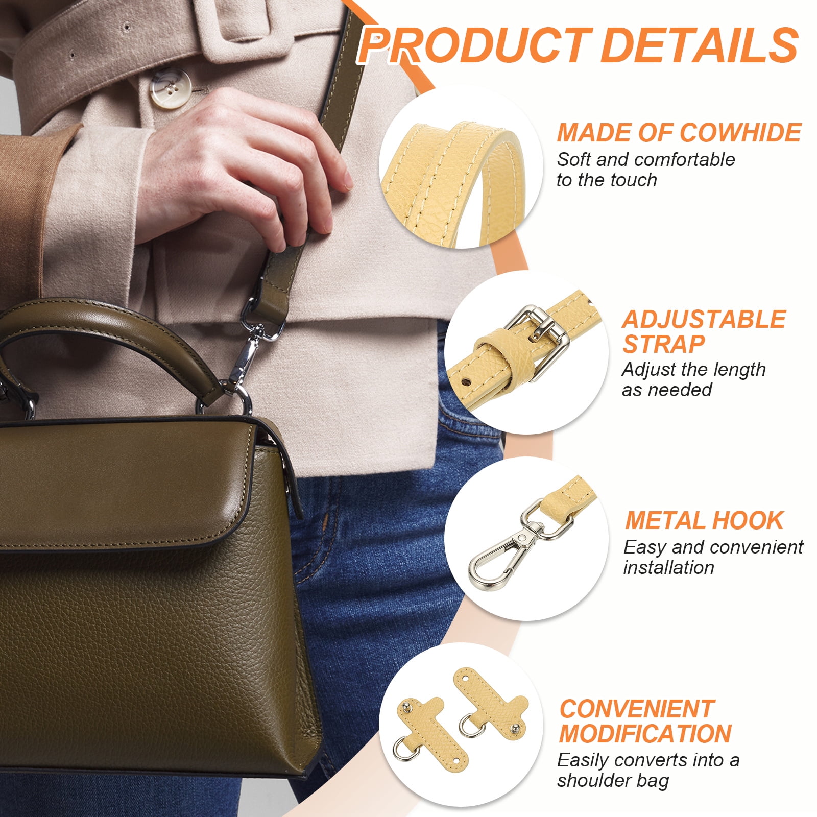 Leather Shoulder Strap, Adjustable Purse Straps Replacement Kit with Clasp for Handbag, Yellow