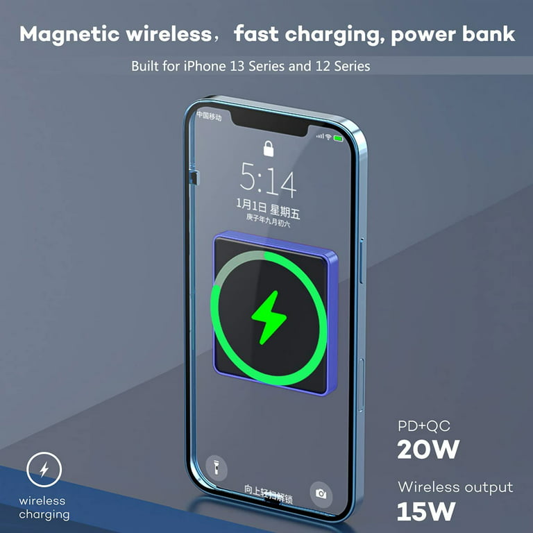 Power Bank, 10000mAh Magnetic Wireless Power Bank Compatible with MagSafe,  Battery Pack for iPhone 13/12 Series,Samsung Galaxy and More,Portable  Charger with USB-C Cable - Blue 