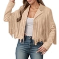 thumbnail image 2 of Suede Cropped Fringe Jacket for Women Long Sleeve Slim Fit Tassel Notched Lapel Motorcycle Jacket Outerwear, 2 of 6