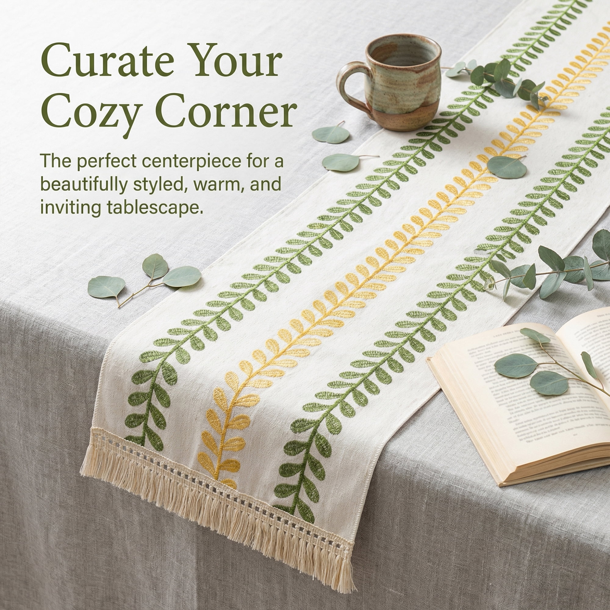 Unique Bargains Polyester Floral with Tassel Table Runner for Kitchen Decor Green 15.4"x82.7"