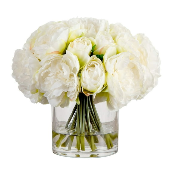 Nearly Natural Wedding Collection 11in. Artificial Peony Arrangement in Glass Vase
