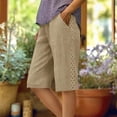 thumbnail image 2 of RYRJJ Linen Bermuda Shorts for Women Knee Length Summer Casual Elastic Waisted Shorts Side Lace Boho Bech Shorts with Pockets(Khaki,XL), 2 of 9