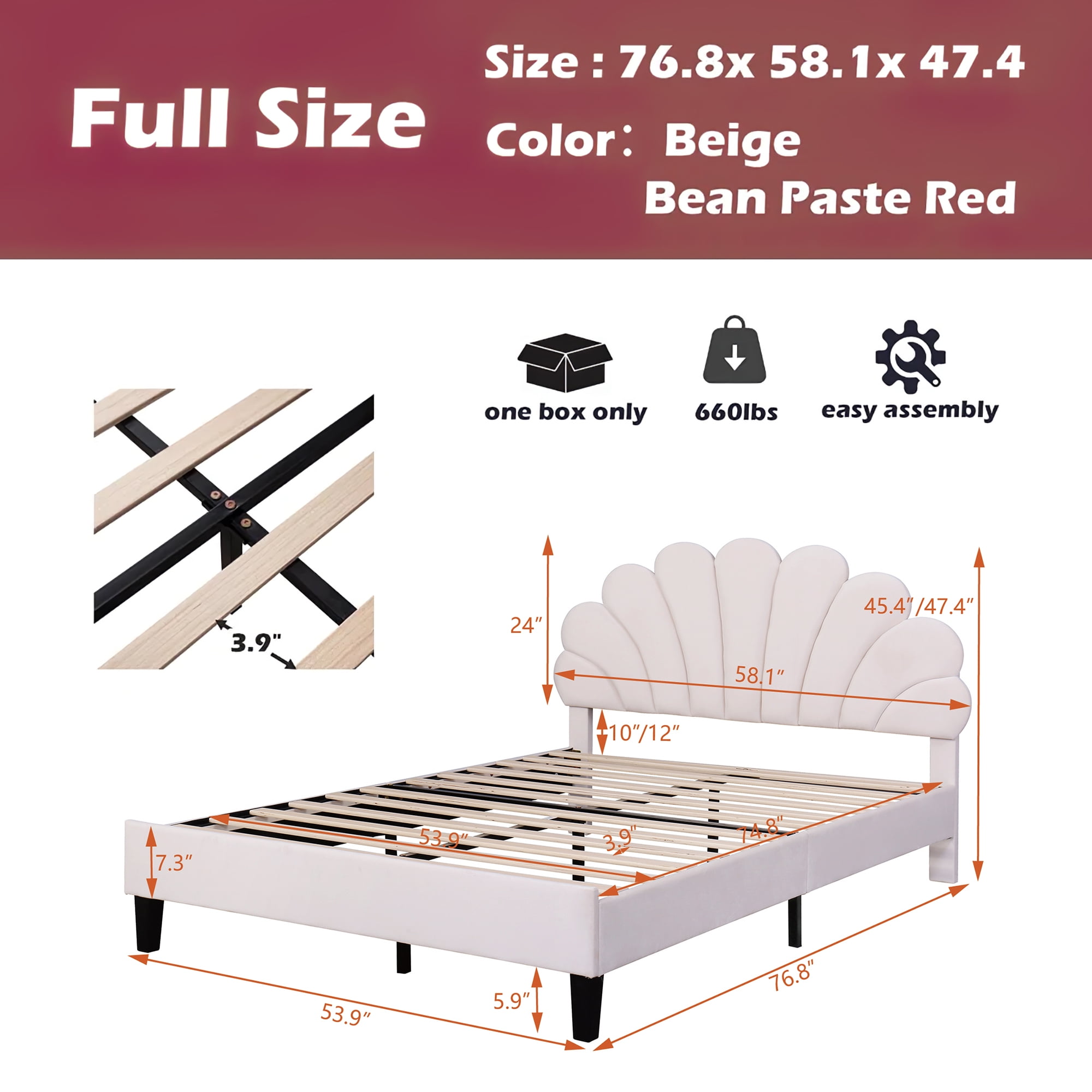Aukfa Full Bed Frame with Flower Upholstered Headboard, Wood Slats Support, Beige