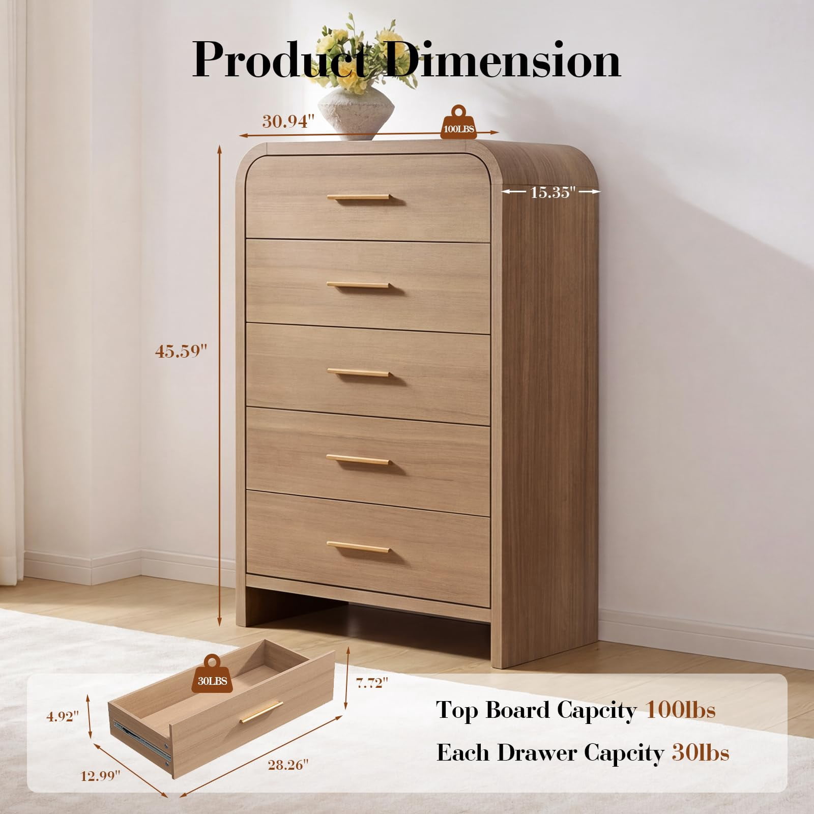 Vintagearth 5 Drawers Dresser for Bedroom, Curved 45.6" Tall FSC-certified Wood 1.18" Thick Board Dressers & Chests of Drawers for  Living Room, Hallway, Entryway, Oak