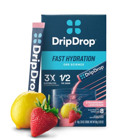 DripDrop Electrolyte Powder Drink Mix for Fast Hydration, Strawberry Lemonade, 0.35 oz, 8 Count Packets