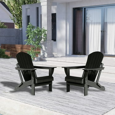 Withniture Folding Adirondack Chair Set of 2,HDPE Adirondack Chair with Cup Holder，Wood Texture All-Weather Adirondack Chair,Outdoor Plastic Fire Pit Chair for Patio, Deck, Lawn and Garden,Black