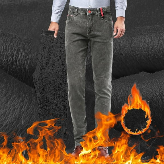 MHFRRA Mens Jeans Bootcut Men's Autumn and Winter Lined Thickened Slim Fit Casual Grey Denim Trousers Size 34