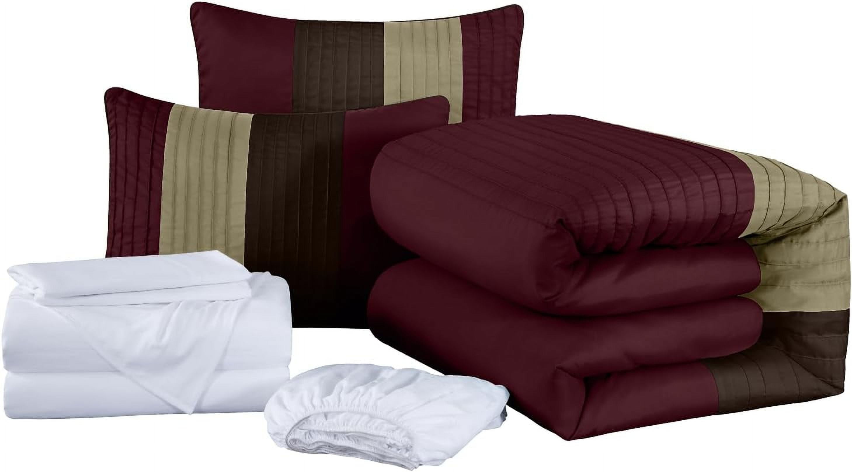 Chezmoi Collection Briar 7-Piece King Bed in a Bag Comforter Set with Sheets - Lightweight Comforter Burgundy Coffee Brown Luxury Pleated Stripe Bedding Set for All Season