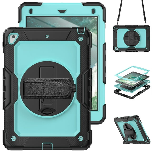 Case for iPad 6th / 5th Gen (2018 2017) / iPad Air 2 / iPad Pro 9.7 inch with Screen Protector, 360 Degree Rotating Kickstand Hand Strap Shockproof Cover with Shoulder Strap, Sky Blue PC