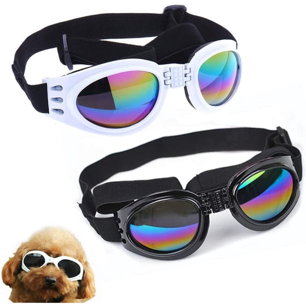 Juego de 2 gafas protectoras para perros, correa ajustable, protección ocular para viajes y esquí, gafas de sol impermeables para perros (negro, blanco)