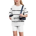 thumbnail image 4 of Ahuyic Kids Summer Casual Outfits,Boys Girls Short Sleeve Two-Piece Set,Toddler Kids Girls' New Style Fashion Cute Stripe Print Loose Soft Short Sleeve Yoga Shorts Suit, 4 of 4