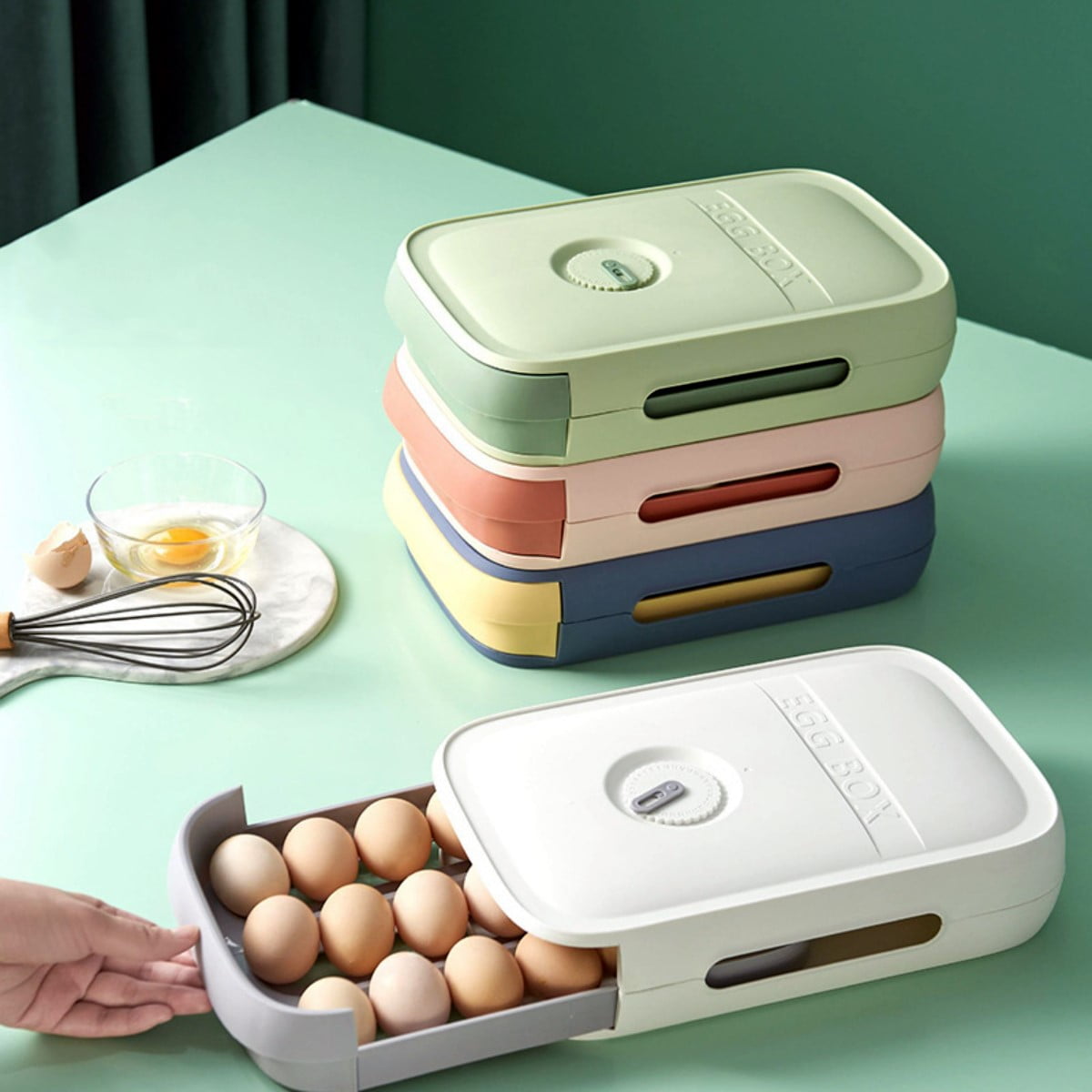 HAOSHICS Rolling Egg Holder Countertop Auto Scrolling Egg Tray for Refrigerator (18-21 Eggs) Stackable Plastic Egg Container Drawer Type Storage Rack Box for Kitchen