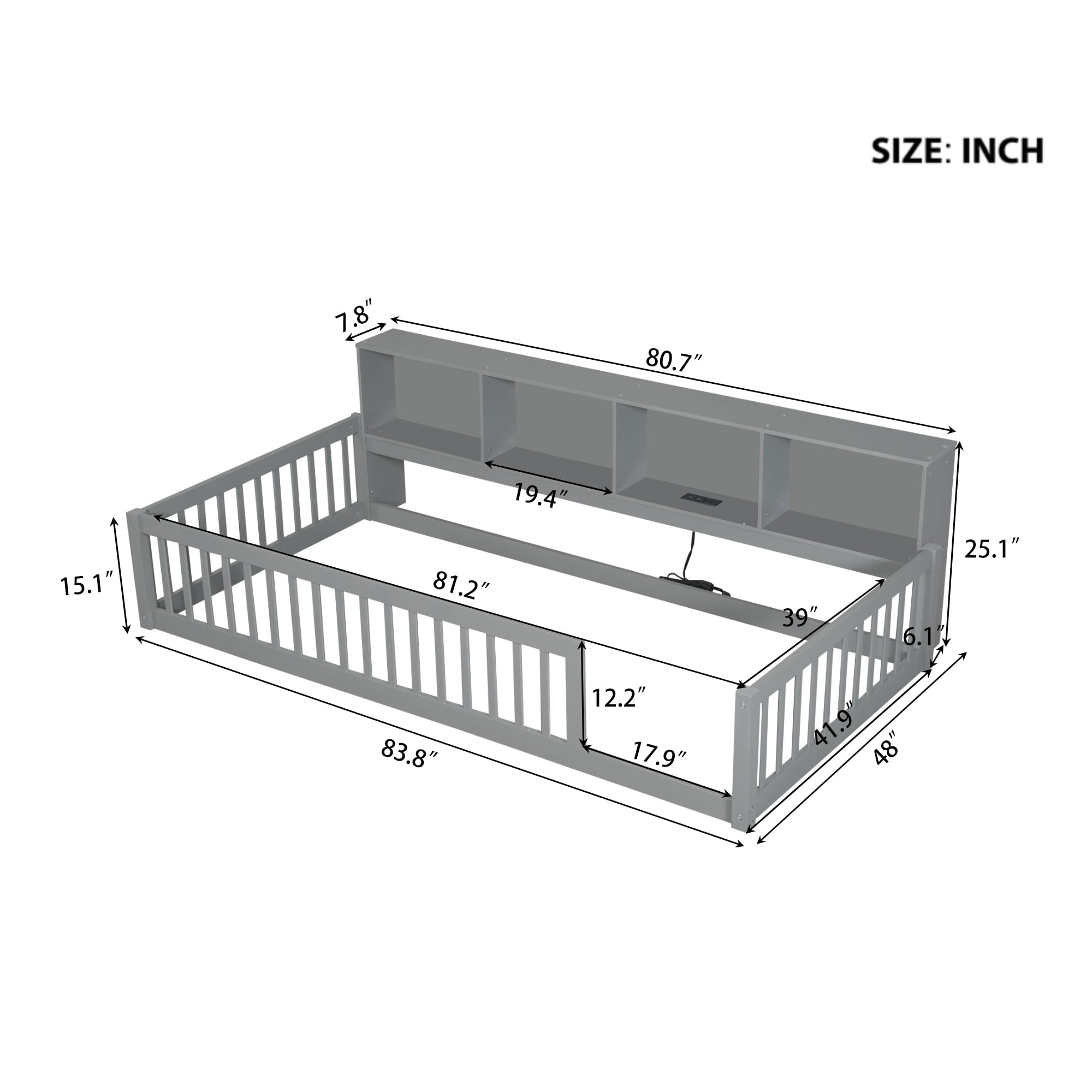 Euroco Wood Twin XL Floor Bed, Low Profile Daybed with Storage Shelves and USB Charging Station, Gray