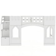 Euroco Wood Twin Size Loft Bed, Castle House Bed with Storage Staircase, White