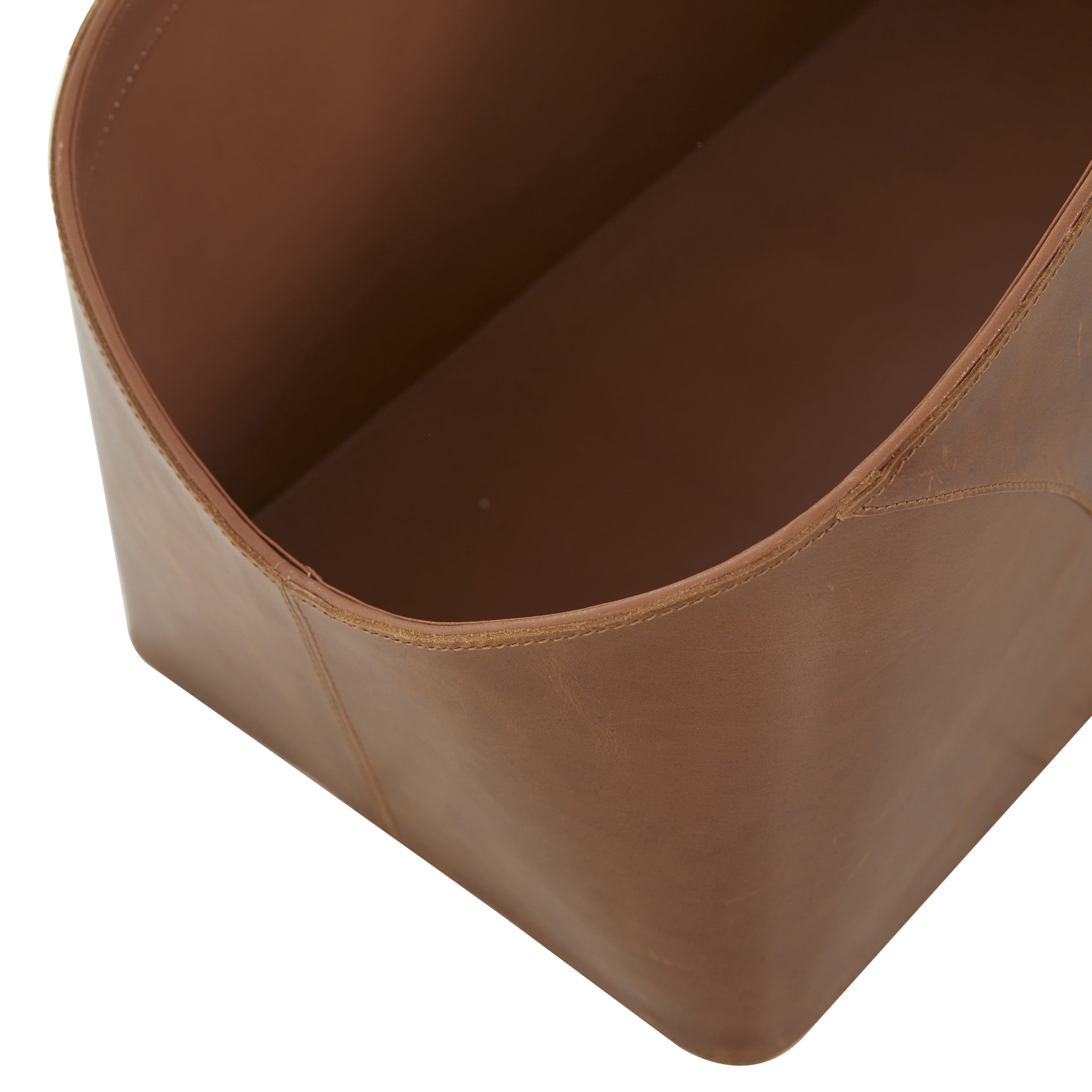 DecMode 16" Brown Leather Box Style Single Slot Magazine Holder with Detail Stitching and Curved Handles