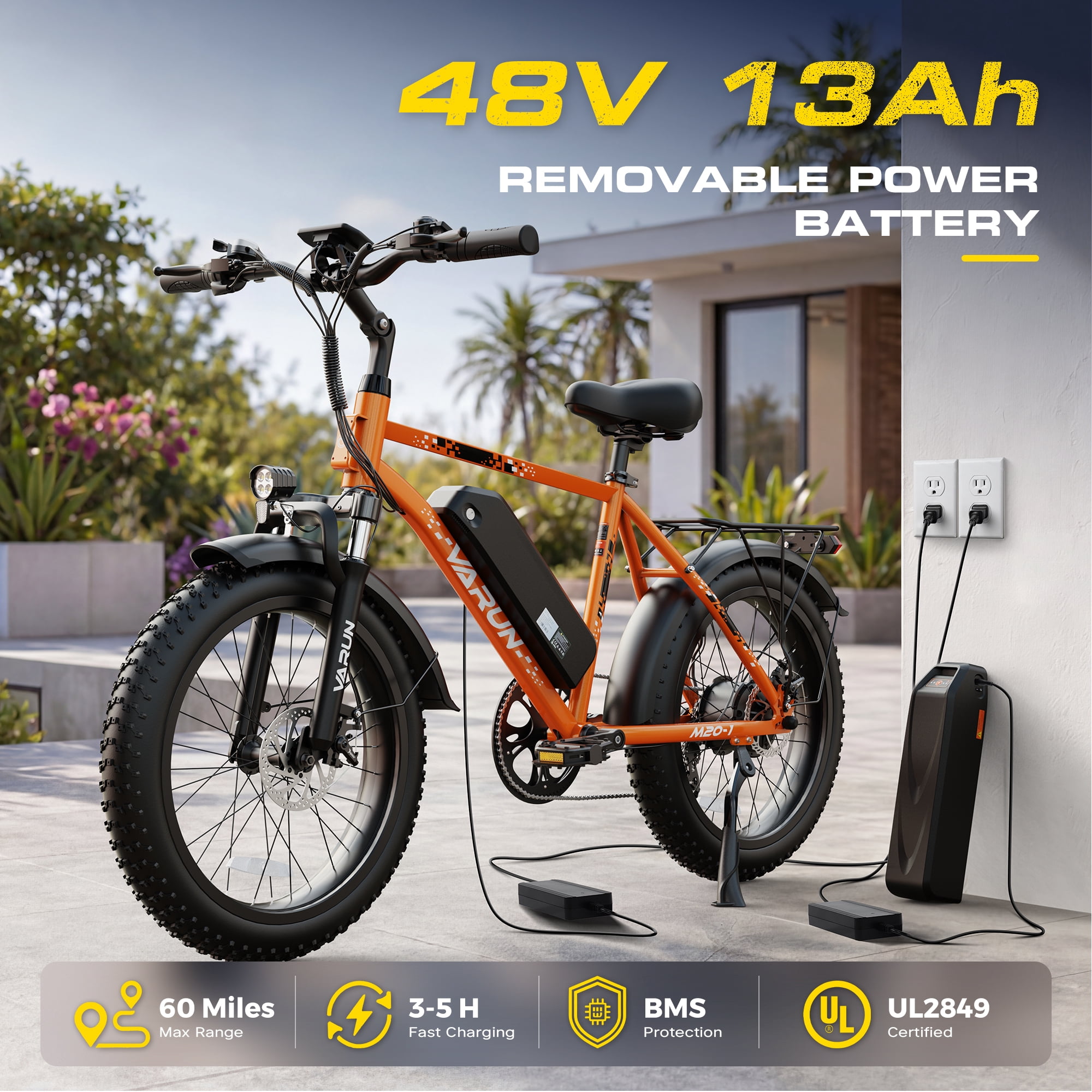 VARUN Electric Bike, 20" Fat Tire EBike for Adults with Peak 750W 48V 624Wh Removable Battery, Electric Mountain Bike for Men & Women with Top 20MPH 60Miles,7 Speed, Rear Rack, UL2849