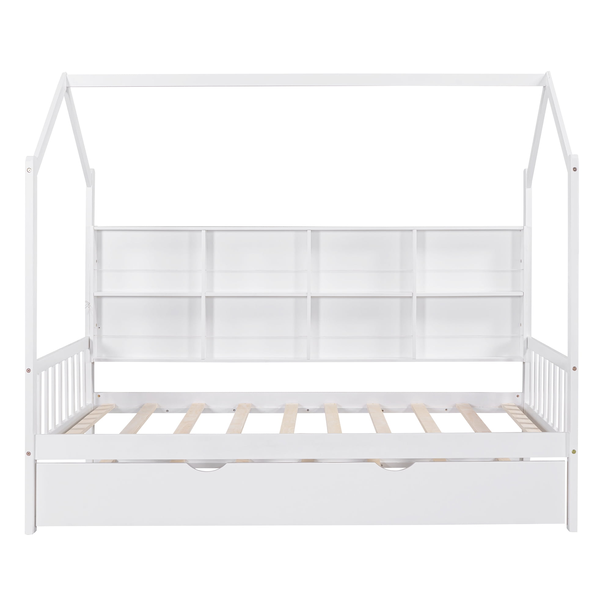 Euroco Wood Twin Size House Bed with Trundle, Platform Bed with Storage Shelves, White