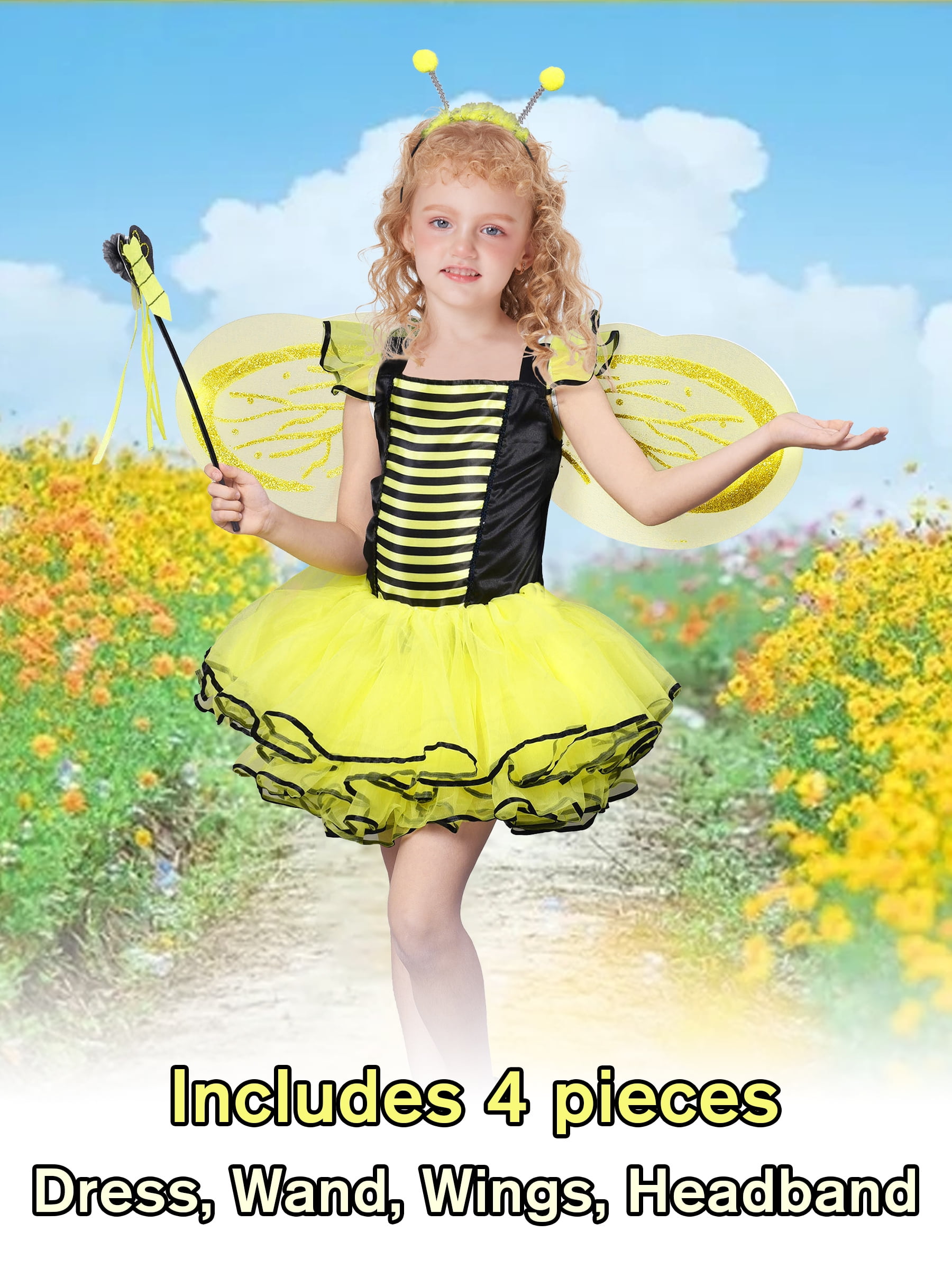 IKALI Girls Bumble Bee Costume with Wings, Fairy Fancy Dress Up Honeybee Yellow Skirt Outfit for Halloween 3-8Years IKALI Girls Bumble Bee Costume with Wings, Fairy Fancy Dress Up Honeybee Yellow Skirt Outfit for Halloween 3-8Years