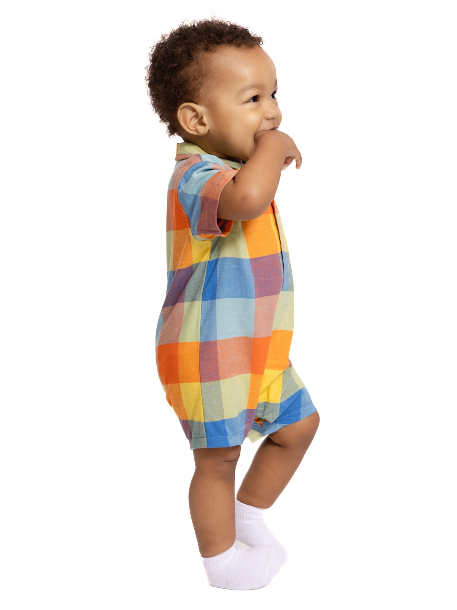 Wonder Nation Baby Boys Plaid Collared Romper with Short Sleeves, Sizes 0/3M-24M