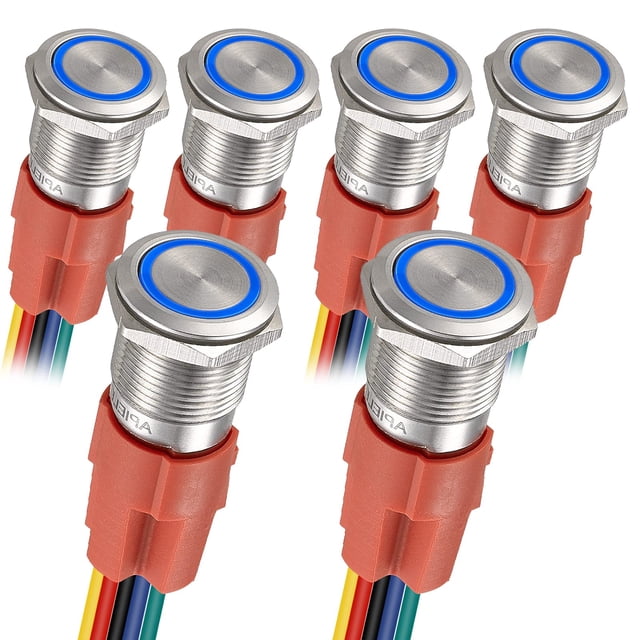 APIELE Interruptor de botón de cierre 0.630 in 0.63 "" 12 V- 24 V DC LED SPDT 1NO1NC Interruptor de botón de metal de acero inoxidable con coleta 6 piezas (carcasa plateada-azul 0.630 in)