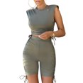 thumbnail image 3 of Sylvamorning Women Solid Color Clothes Set Tops+High Waist Shorts Drawstring, 3 of 5